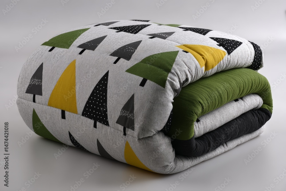 Poster cozy quilt featuring modern tree patterns in gray, green, and yellow tones displayed on neutral back
