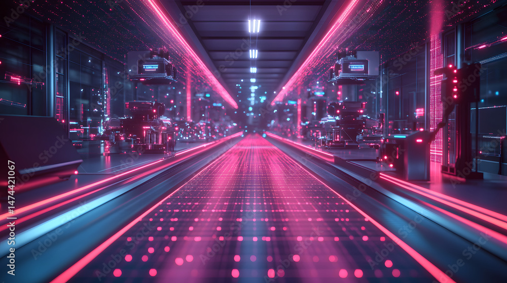 Fototapete futuristic cyberpunk corridor with glowing grid path and neon accents. high-tech environment perfect