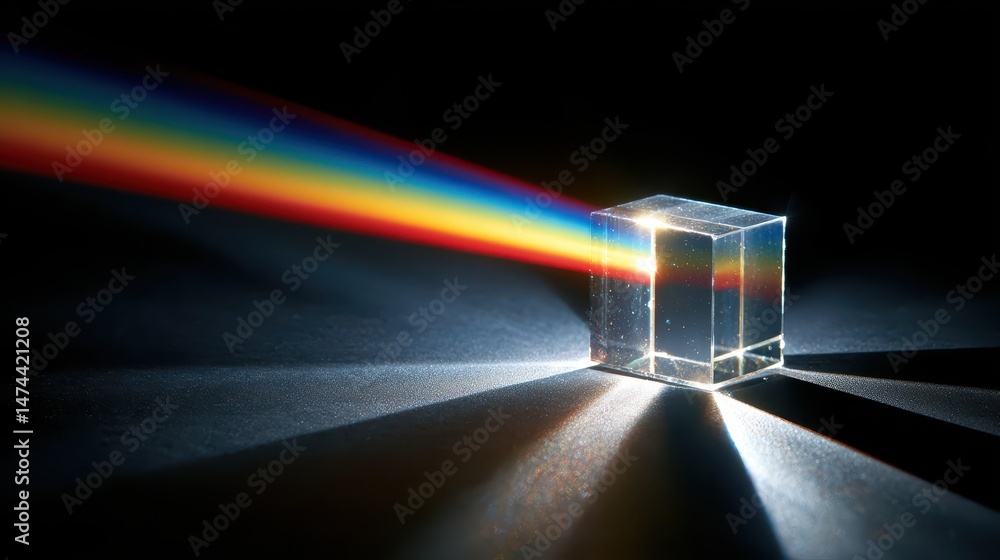 Poster a sharp-edged glass prism sits on a dark surface, bending light rays into vivid colors that create a