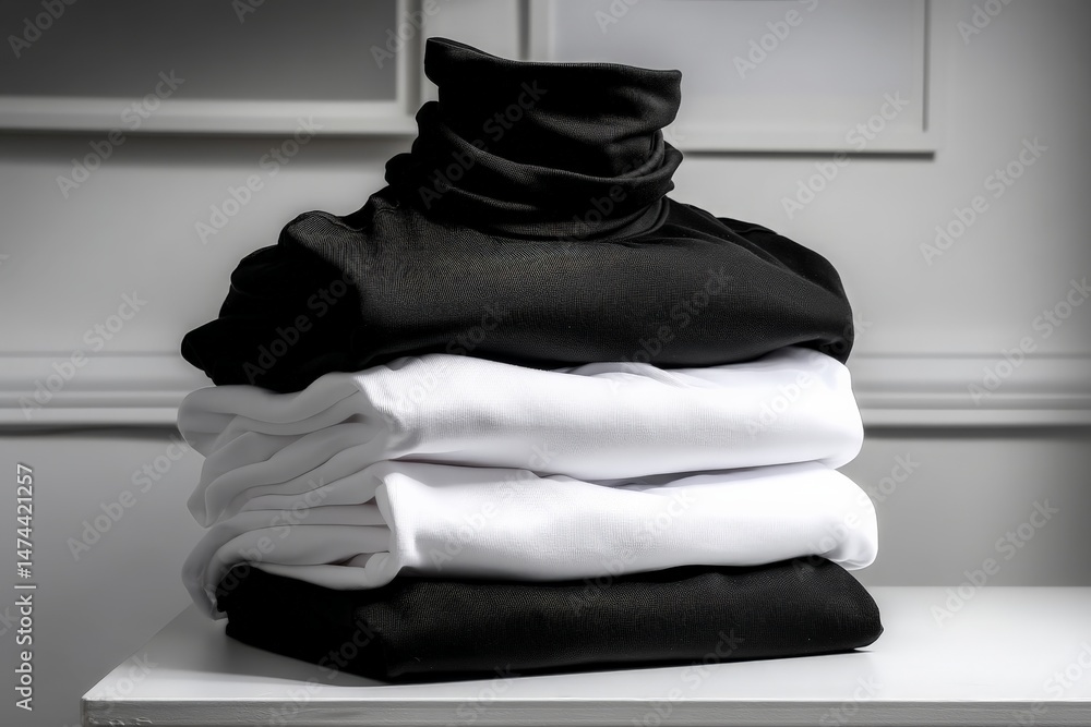 Poster soft sweaters stacked on a table in minimalist interior setting during bright daylight