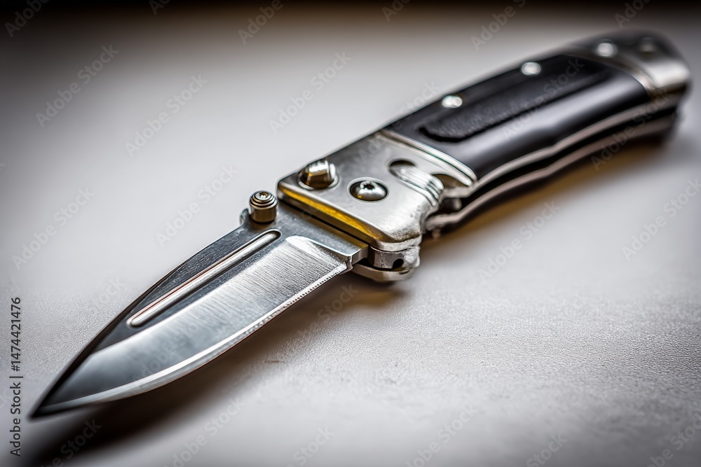 Poster Sharp folding knife with a black handle on a smooth surface in a well-lit area