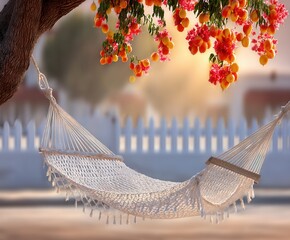 Hammock blooming tree in tranquil garden setting