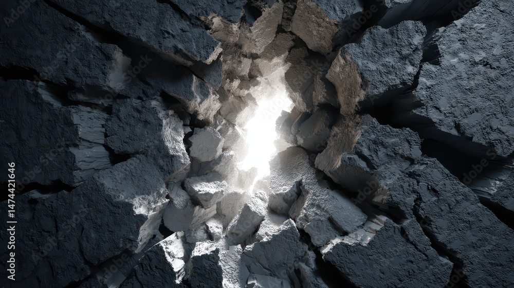 Poster in a dark environment, a rectangular light source shines through cracks in a shattered stone wall, h