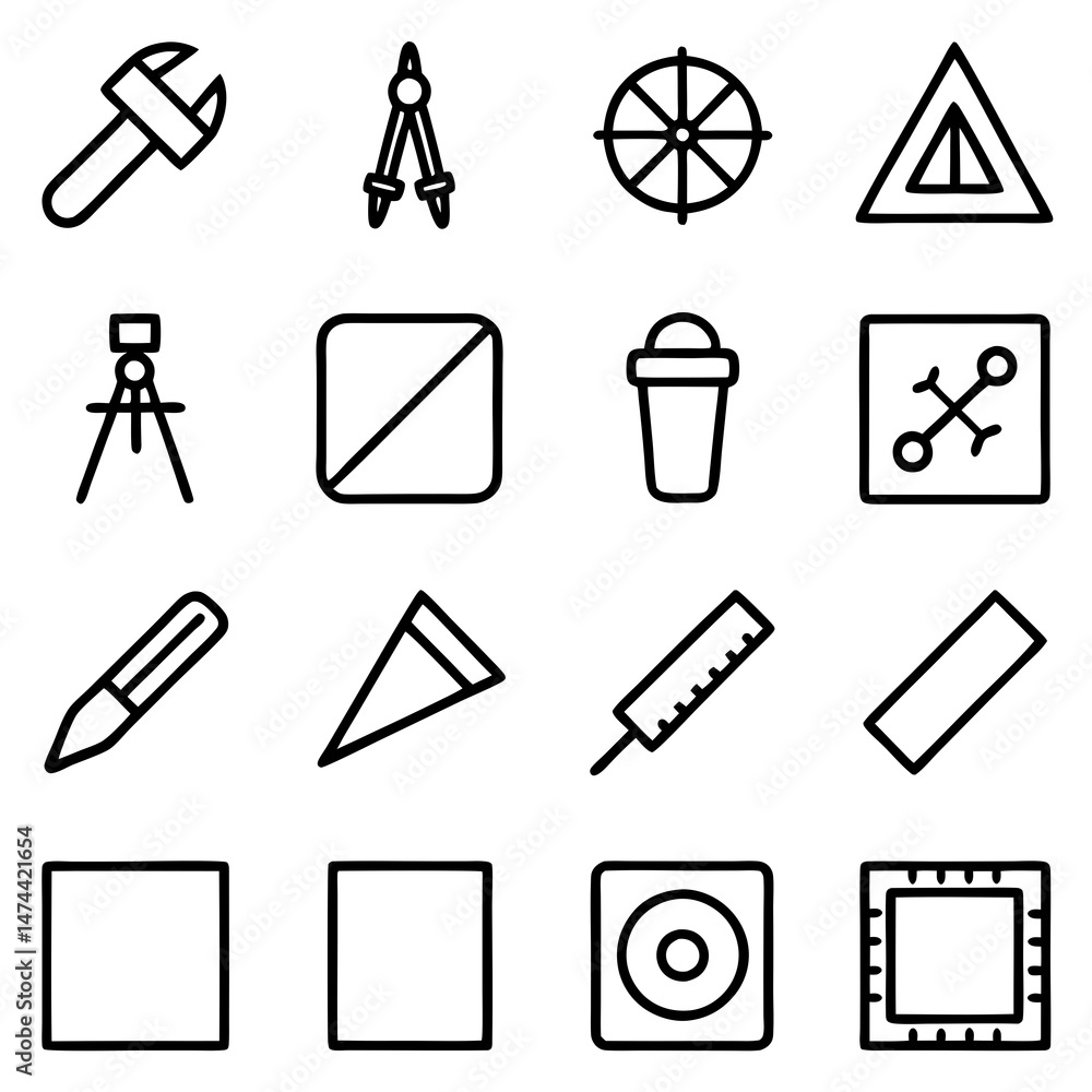 Poster drafting tools icon set symbolizing technical design and precision