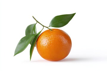 Single ripe orange with green leaves on a white background.