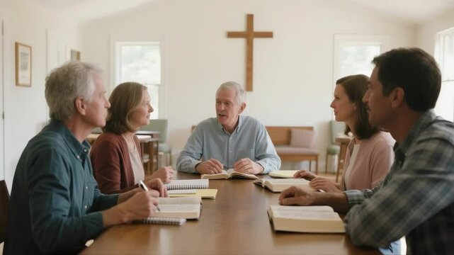 Diverse group of adults engaged in a bible study session around a table in a church room with a cross, representing faith, community fellowship, and religious education