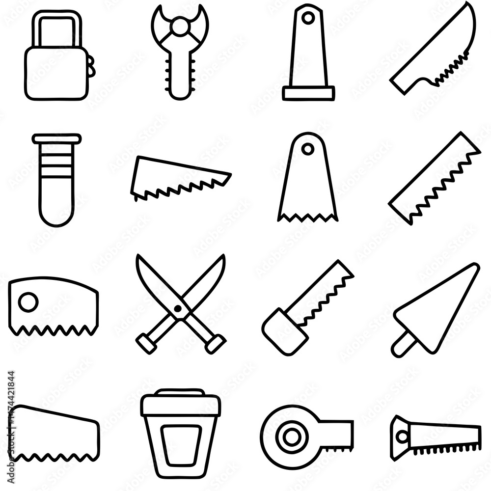 Aufkleber outline icons depicting tools and various related object