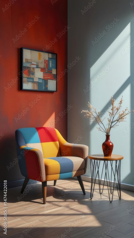Poster 明るい室内のコーナーにあるカラフルなパッチワークの椅子 静物画 暖色の壁の背景に現代アートが飾られ 自然光が差し込む窓辺