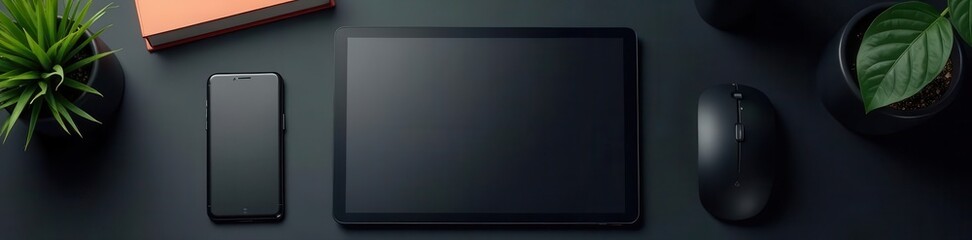 Sleek black desk, smartphone, tablet Minimalist workspace top view , technology, productivity
