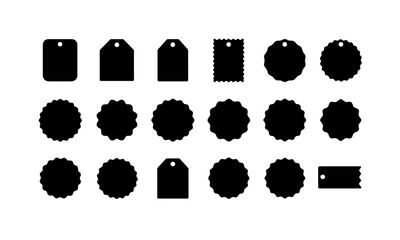 A collection of eighteen black tag and label silhouettes in various shapes and designs, including rectangular, circular, and starburst styles, each with a hole for attachment.