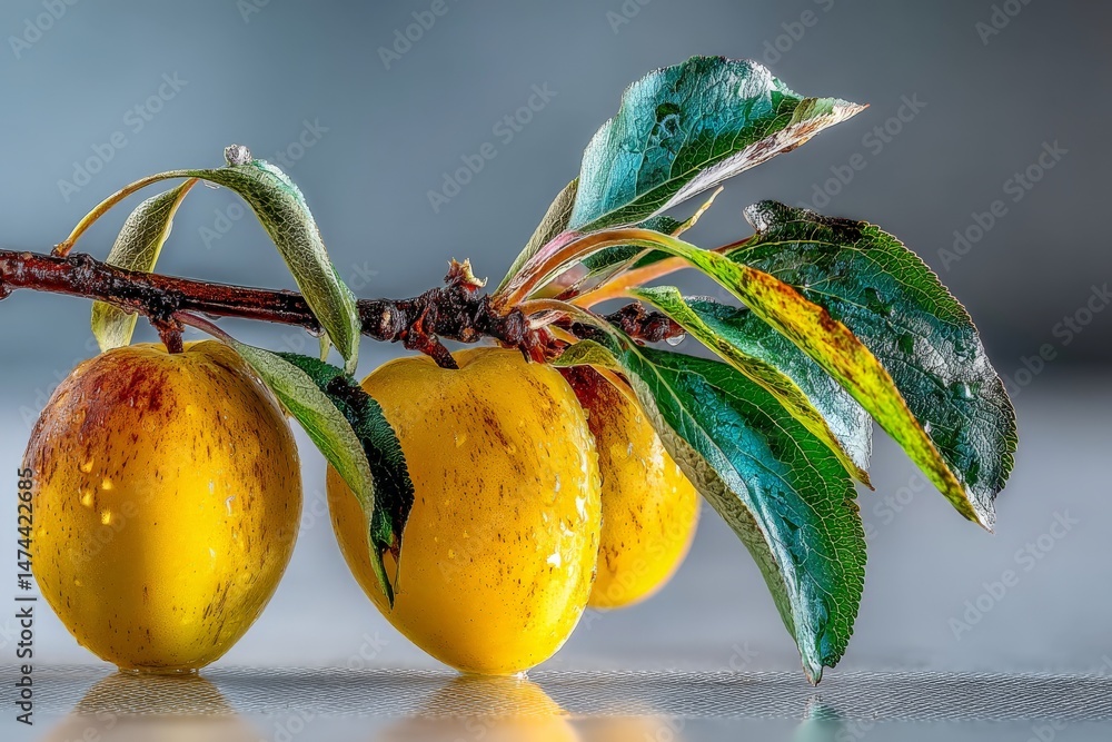 Poster fresh yellow plums with vibrant green leaves on a branch in a close-up view during daylight