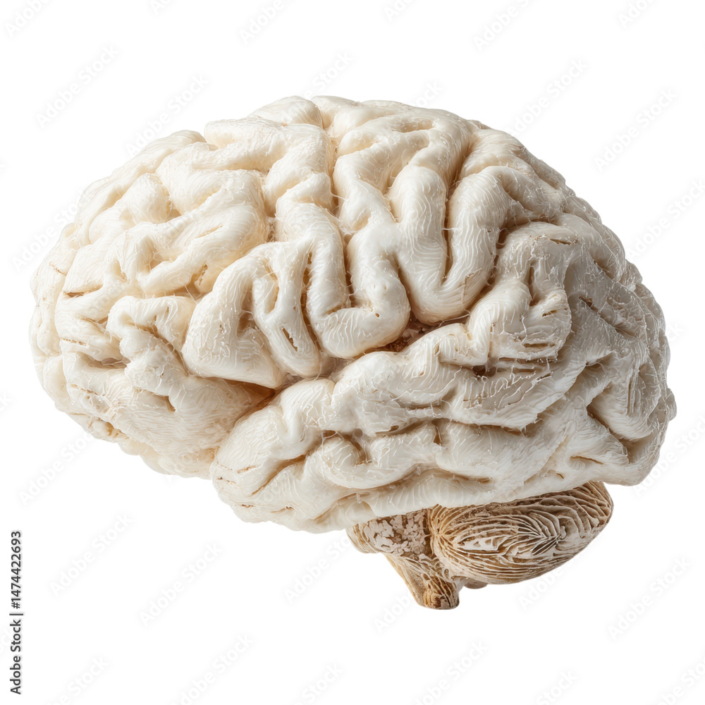Poster detailed close up of a human brain model showing its complex structure and convolution