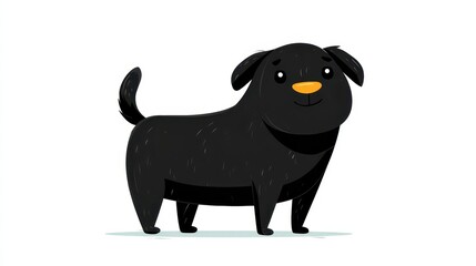 Fototapeta premium A simple flat cartoon dog stands cheerfully with a playful stance on a white background. The dog has a black coat, rounded body, and a warm, friendly face showcasing an inviting personality