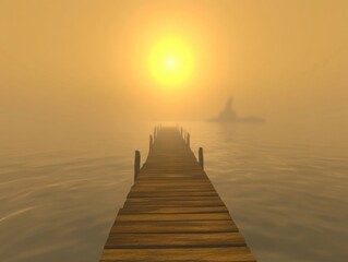 Fototapeta premium Pier leading into foggy water at sunrise, eye level perspective, calm and serene scene, golden hour light, tranquil
