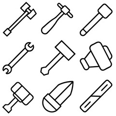 Black and white line art tools construction icon set