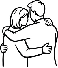 Illustration of a couple embracing depicting love affection and care in monochrome