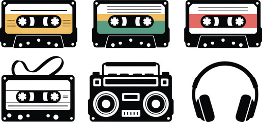 Vector illustration of retro audio equipment with cassette tapes boombox and headphones