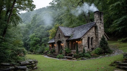 Fototapeta premium Nestled among verdant trees, this picturesque mountain cottage features rustic stone walls and a cozy chimney with smoke rising gently. The atmosphere is peaceful and inviting