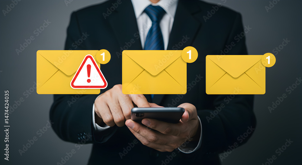 Poster email marketing notification spam alert concept business man checking mobile phone for inbox message