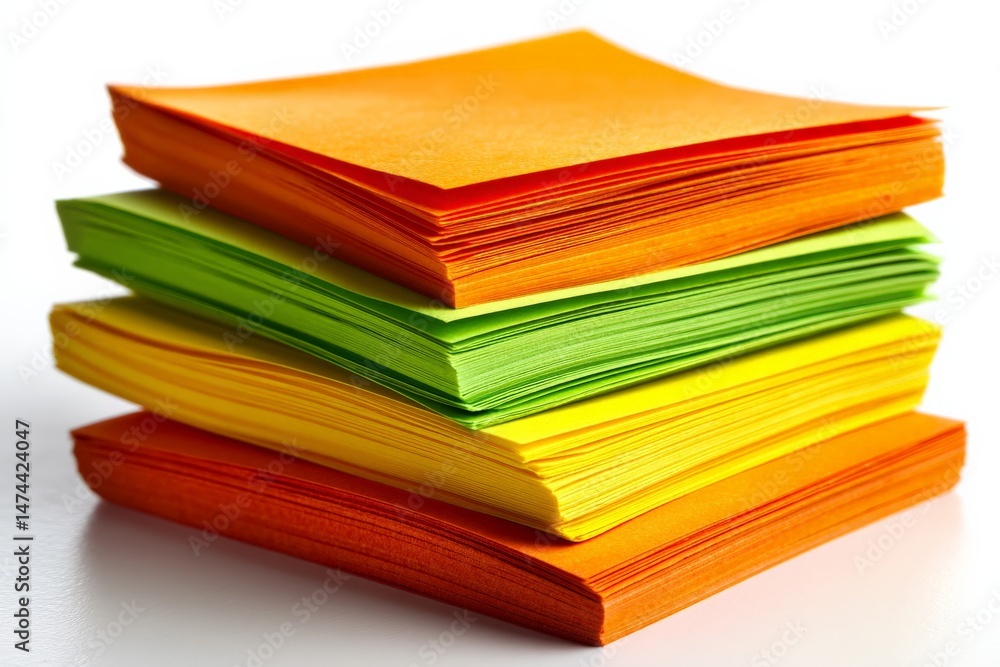 Poster colorful stack of sticky notes in vibrant hues arranged neatly on a white surface