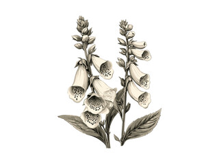 Foxglove bloom engraving, hand-drawn botanical illustration, vintage nature art, black sketch, retro floral decor, old engraving style, antique print, trendy home decor, classic nature art © Icons bundle Studio