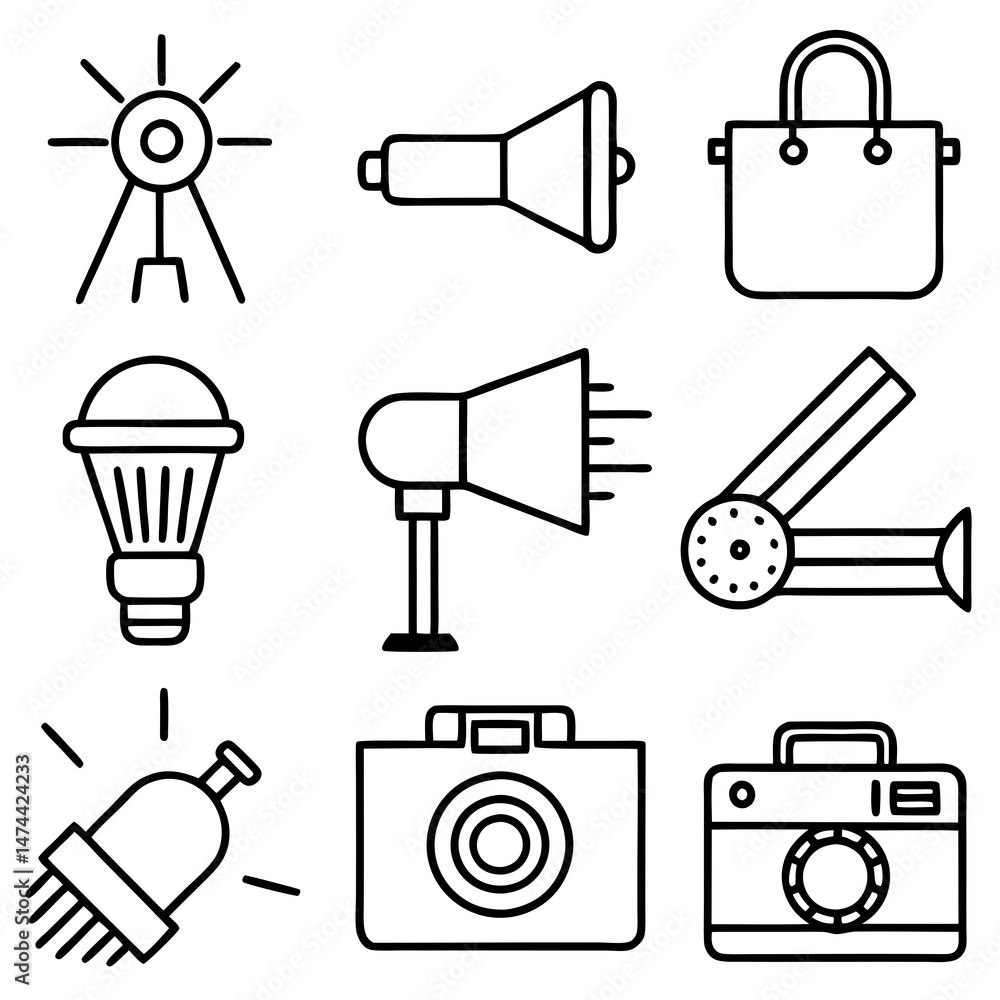 Poster line drawing icons assortment depicting technology and everyday objects