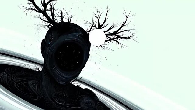 A surreal, cosmic entity stands in stark contrast against a pale, void-like background. Its form is humanoid but abstract&mdash;composed entirely of swirling, inky darkness, resembling space itself. Its fac