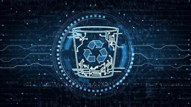 Trash waste management and delete bin symbol abstract digital concept. Network, cyber technology and computer background seamless and looped.