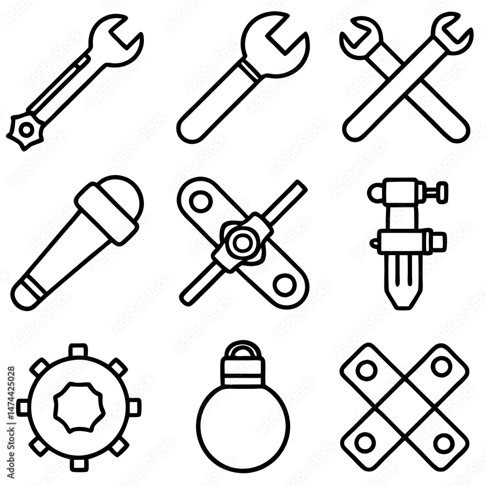Poster collection of outline icons representing different types of wrenches