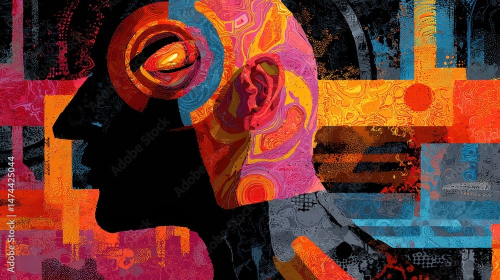 Aufkleber a striking head silhouette is filled with intricate abstract patterns and vibrant colors, displaying