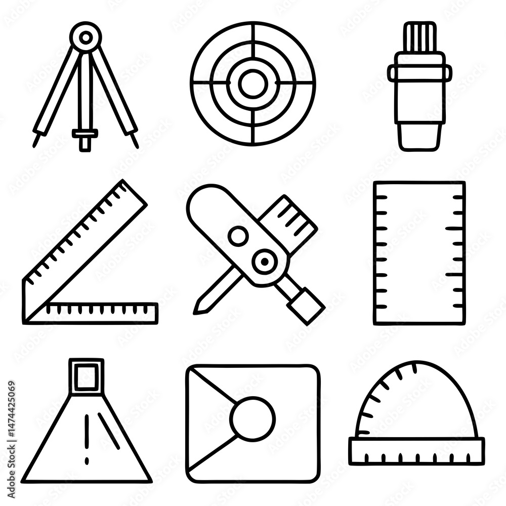 Aufkleber technical drawing tools on white background simple vector icons