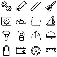 Collection of tools and equipment in linear outline style