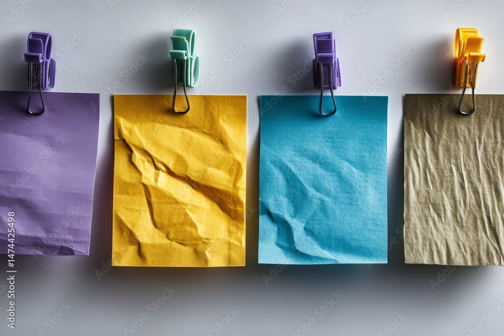 Poster colorful sticky notes pinned on a gray wall creating a vibrant and organized workspace