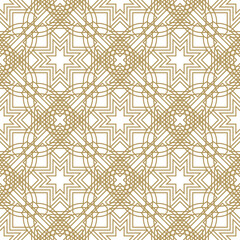 Intricate seamless pattern with interwoven stars and geometric mesh. Islamic-inspired gold linework for luxury backgrounds, decor, or fabric design.