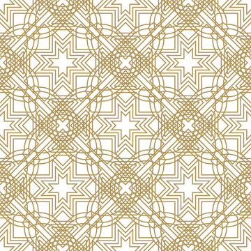 Intricate seamless pattern with interwoven stars and geometric mesh. Islamic-inspired gold linework for luxury backgrounds, decor, or fabric design.