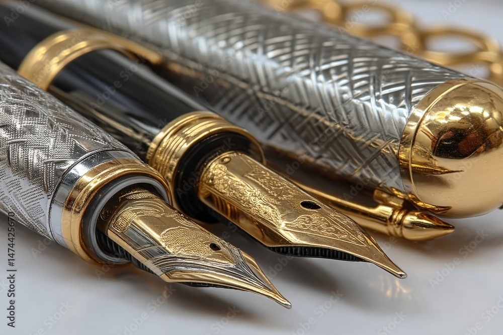 Poster luxurious fountain pens with intricate designs resting on a smooth surface in a well-lit environment