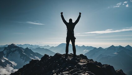 Silhouette of a person on a mountain peak at sunset, symbolizing freedom and the adventure of climbing