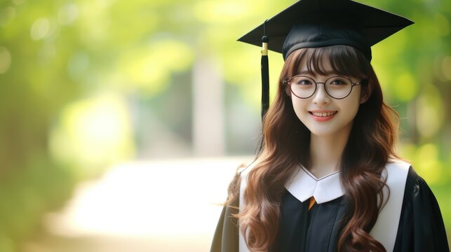 A young woman in a graduation gown standing outdoors with a green and blurred background.