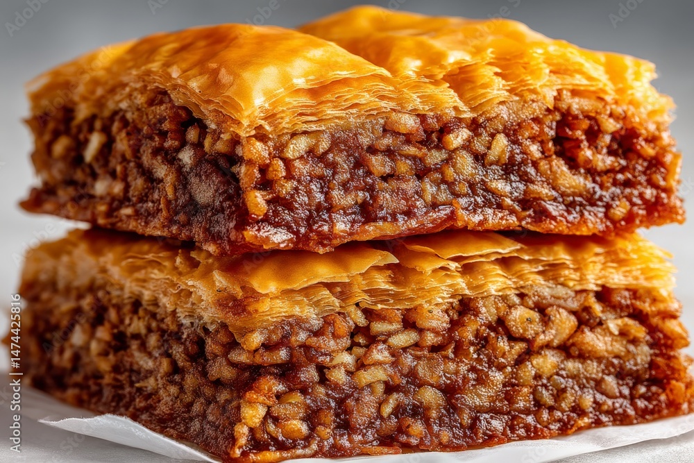 Poster delicious layers of baklava with nuts and syrup stacked on a white surface in a bright kitchen