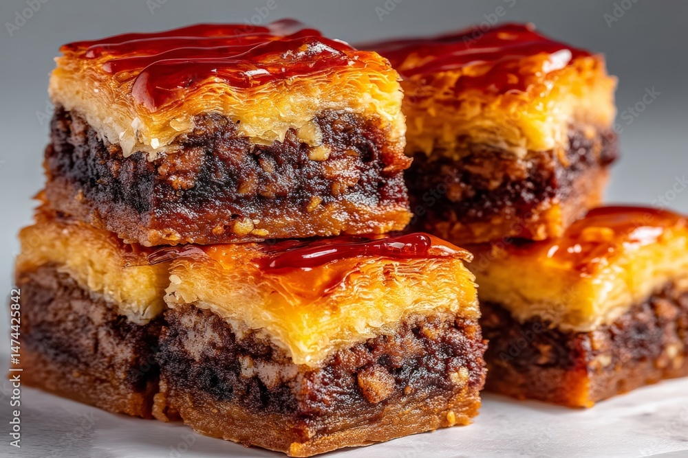 Aufkleber delicious layers of baklava stacked neatly with syrup glaze, showcasing rich textures and inviting c