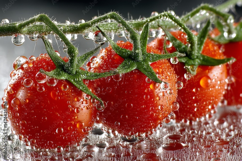 Aufkleber fresh tomatoes with droplets of water shimmering in sunlight against a reflective surface