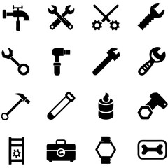 Collection of sixteen tools and equipment icons on white