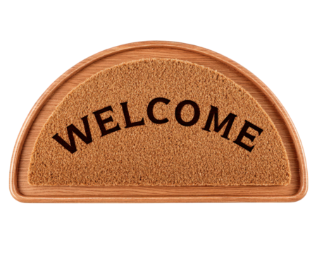 Charming welcome mat with wooden frame, featuring word WELCOME prominently displayed. This inviting mat adds warm touch to any entrance, perfect for homes or businesses