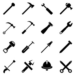 Silhouetted construction tools arranged in a grid formation