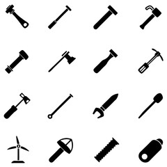 Black silhouettes featuring diverse tools against a white background