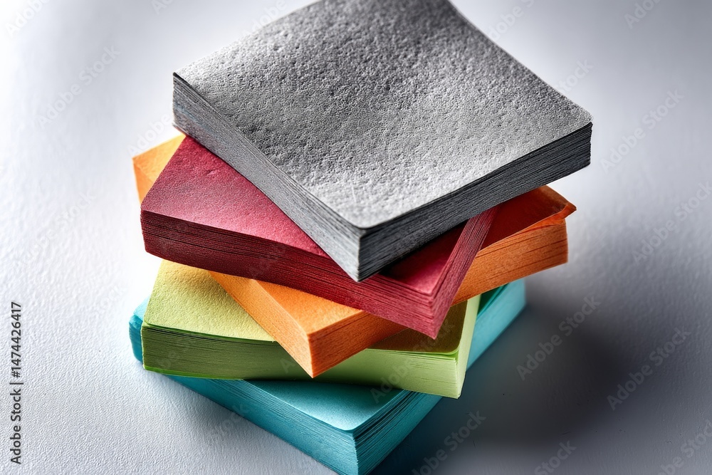 Poster Colorful stack of sticky notes arranged in an artistic formation on a smooth surface