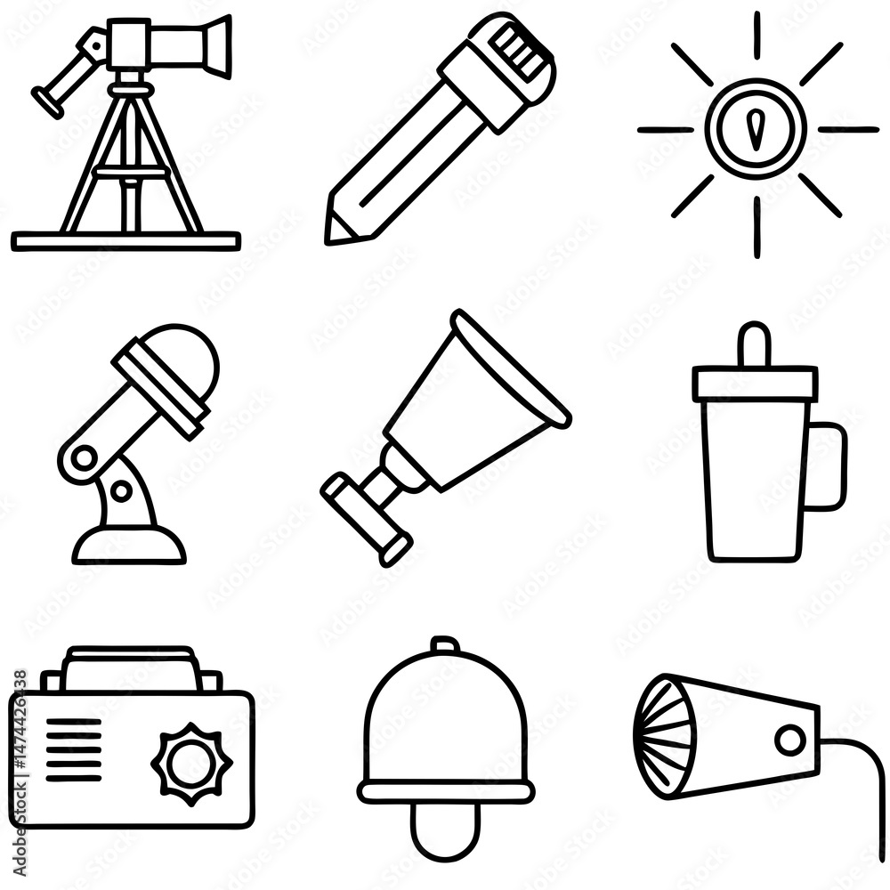 Poster assorted line art icons representing various objects and concepts