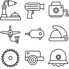 Outlined icons depicting industrial and construction related objects
