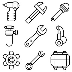 Outline icons of various tools, industrial and engineering