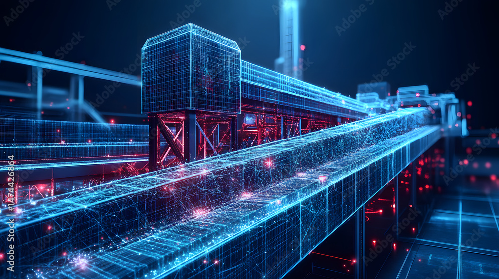 Poster Futuristic network of glowing blue platforms & red beams against a dark background. A complex digital cityscape hints at advanced tech and interconnectivity. Abstract wireframe in dark blue.